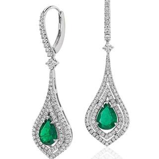 Pear Shape Emerald Double Halo Diamond Drop Earrings in 9k gold
