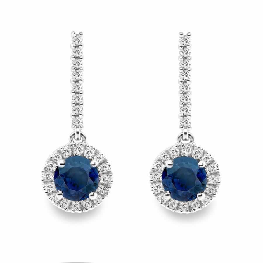 Blue Sapphire Halo Design Drop Earrings in 18K White Gold | The Diamond ...