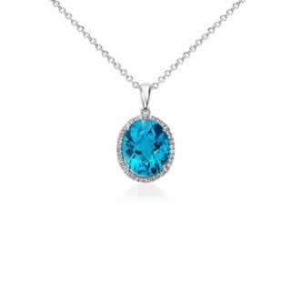 Blue Topaz and Diamond Halo Oval Pendant in 9K White Gold (0.36 ct tw)