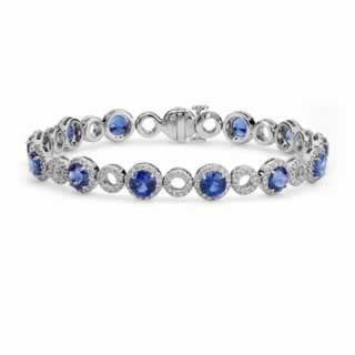 Blue Sapphire and Open Circle Pave Diamond Bracelet in 9K White Gold (1.49ct tw)
