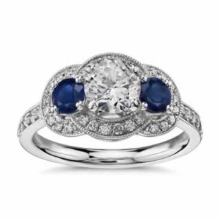 Three Stone Halo Sapphire And Diamond Engagement Ring in 18K White Gold(0.74ct tw)