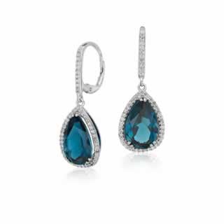 Blue Topaz Halo Drop Diamond Earrings in 9K White Gold (0.72ct tw)