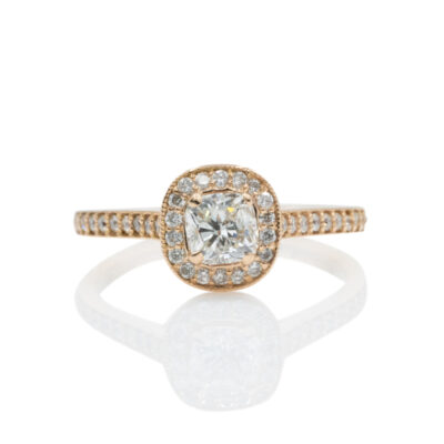 Vintage Cushion Halo with Side Stones and Petal Details Under Collet