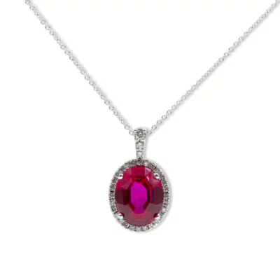Oval Ruby Diamond Halo Pendant With a Wheat Chain