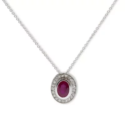 Bezel set Oval Ruby with Pave Diamond Halo Pendant